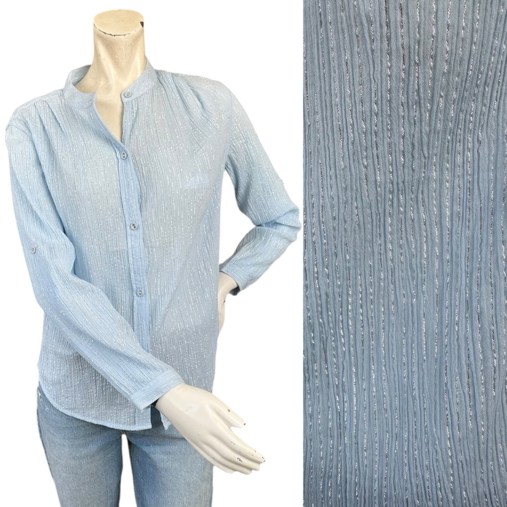 Suzie Kondi Baby Blue & Silver Striped Koubi Lurex Gauze Button Blouse Medium